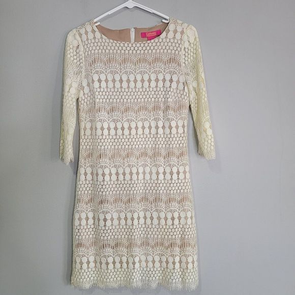Catherine Malandrino Dresses & Skirts - Catherine Malandrino Cream Ivory‎ Lined Lace Crochet Dress 3/4 Sleeve Size 4